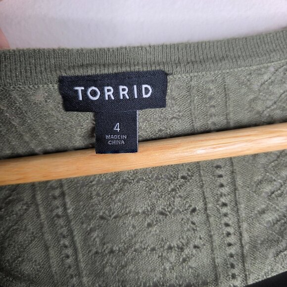 Torrid Olive Green Crochet Knit Short Sleeve Sweater Top Flutter Sleeves - Picture 6 of 10